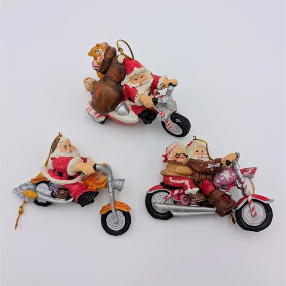 Motorcycle Santa Christmas Ornaments Set of 3 Hanging Resin Mr & Mrs Claus Biker - Picture 2 of 10